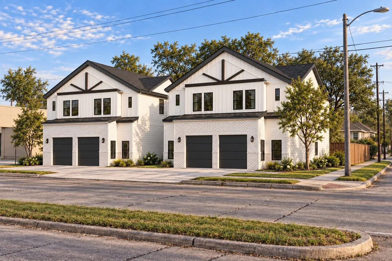 Concept rendering of two white farmhouse-style two-story buildings with black garage doors on a tree-lined street