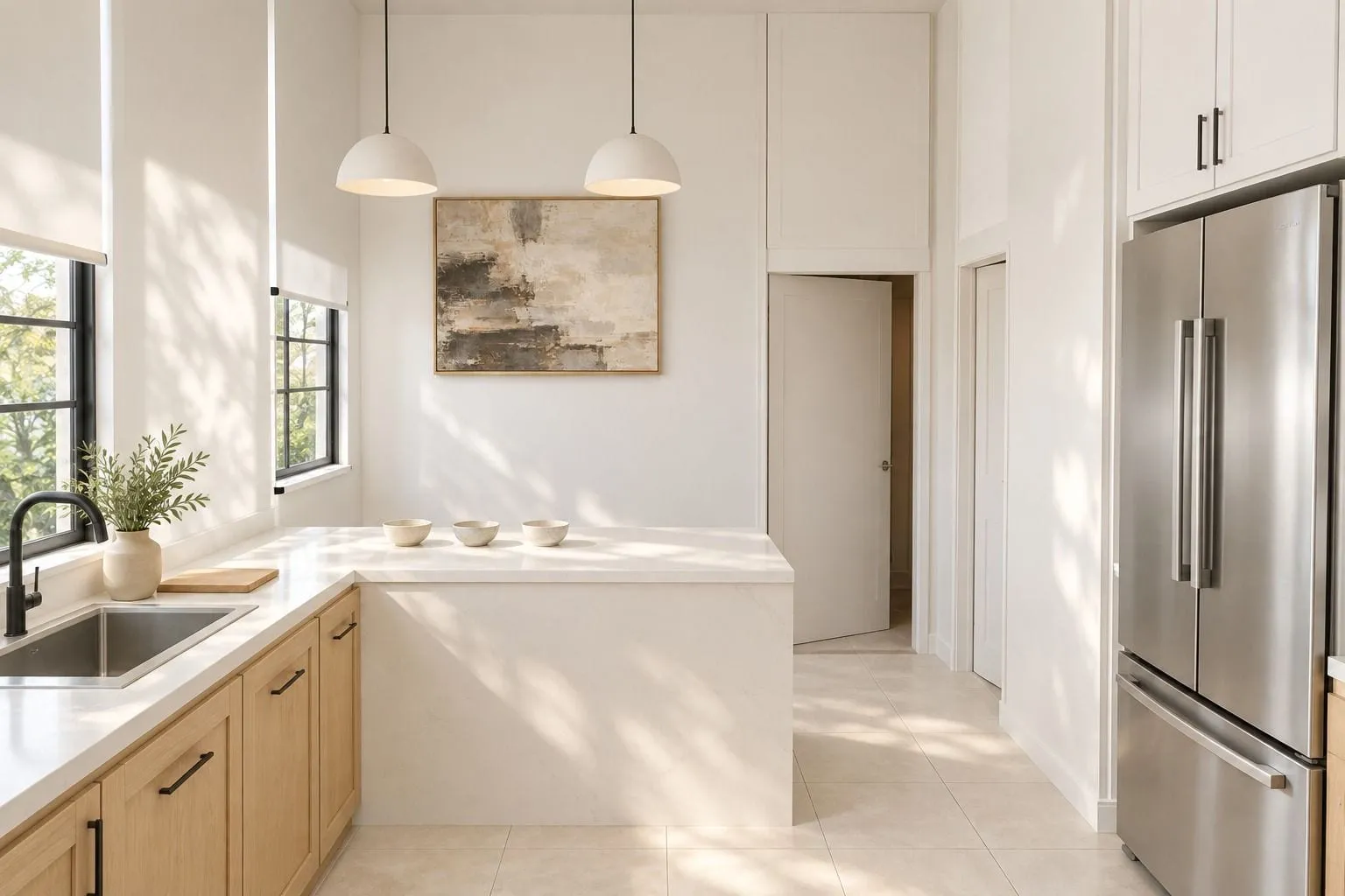Concept rendering of a bright shared kitchen with light wood cabinets, white counters, and a stainless refrigerator